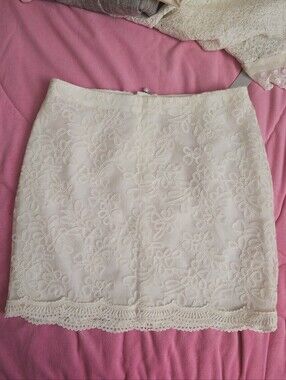 Lace-Overlay Cream Mini Skirt-five Plus